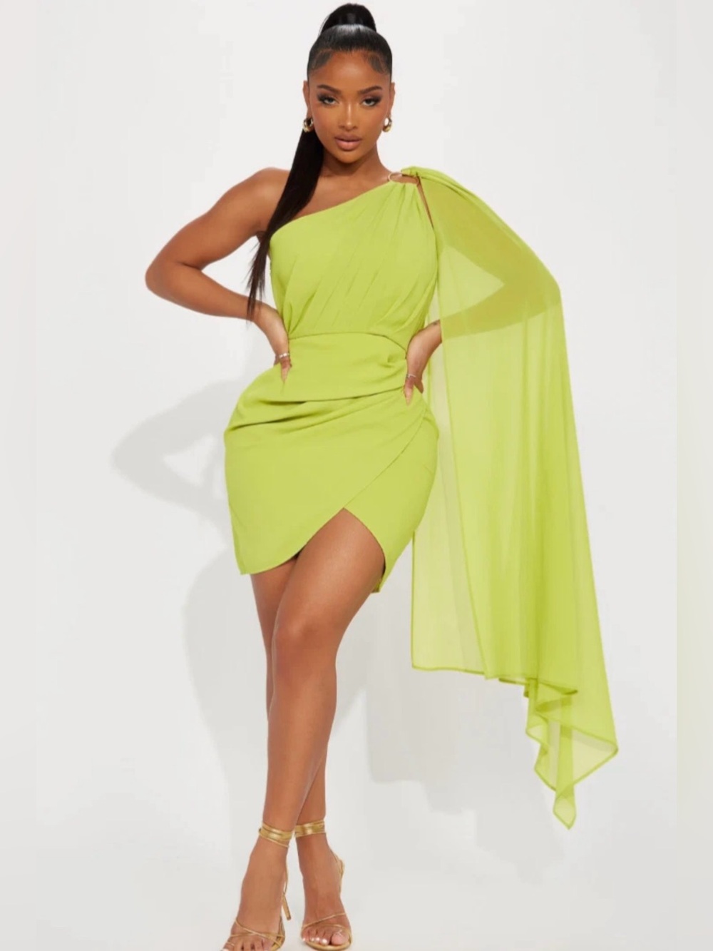 Fashion Nova Lime Green One-Shoulder Mini Dress